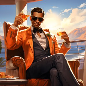 A Rich Man, Well-Dressed, Sitting on a Private Cruise Ship and Drinking a Cocktail 1