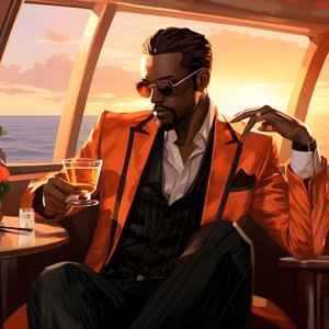 A Rich Man, Well-Dressed, Sitting on a Private Cruise Ship and Drinking a Cocktail 2