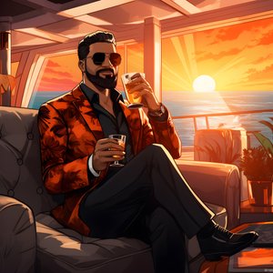 A Rich Man, Well-Dressed, Sitting on a Private Cruise Ship and Drinking a Cocktail 3