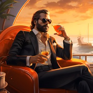 A Rich Man, Well-Dressed, Sitting on a Private Cruise Ship and Drinking a Cocktail 4