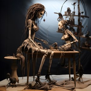 A Large Doll on a Table with a Skeleton on It 1