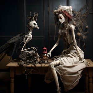 A Large Doll on a Table with a Skeleton on It 3