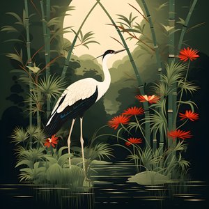 A Beautiful Japanese Illustration of a Crane and Bamboo 1