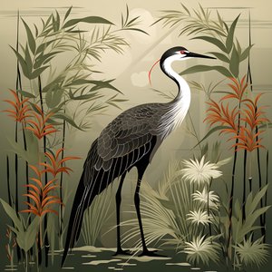 A Beautiful Japanese Illustration of a Crane and Bamboo 3 by Kurt Heppke