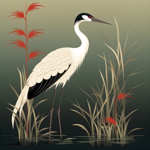 A Beautiful Japanese Illustration of a Crane and Bamboo 4 by Kurt Heppke