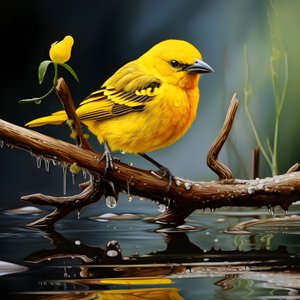 Yellow Bird on a Branch in Water 3 by Kurt Heppke
