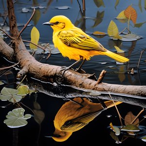 Yellow Bird on a Branch in Water 4