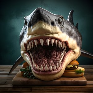 Large Shark Head Cheeseburger with Beef on Wooden Board 1