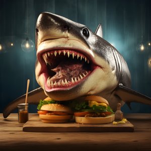 Large Shark Head Cheeseburger with Beef on Wooden Board 3