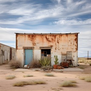 Hyperrealistic Photographic Image of an Old Weathered Warehouse with Faded Paint and Boarded-Up Windows 4
