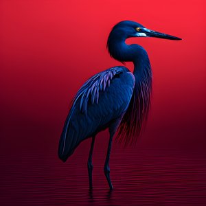 Synthwave Digital Fine Art Piece of an Exotic Cobalt Blue Egret on Red Paper 3 by Kurt Heppke