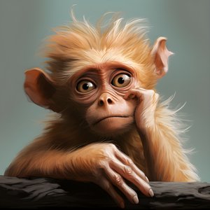 Drawing of a Joey Monkey with an Eye in the Style of Emotive Surreal Character Studies, Colorized, Pensive Poses, Topcor 58mm f/1.4, Caricature-Like Illustrations, #vfxfriday, Solarizing Master 2