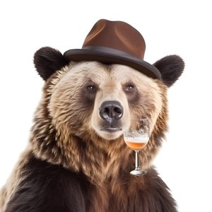 A Bear with a Top Hat and a Beer Mug Facing and in Profile on a White Background 3