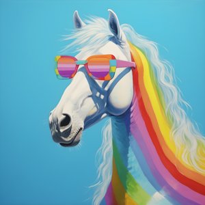 White Horse with Rainbow Glasses on Blue Background 2