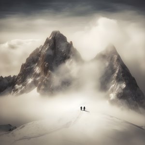 Two People Skiing Over a Cloudy Mountain 2 by Kurt Heppke