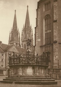 Regensburg, The Fountain (1721) in the Neupfarr Platz, and Cathedral by Kurt Hielscher