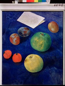 Fruits on a Blue Tablecloth by Kuzma Sergeevich Petrov Vodkin