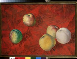 Apples On The Red Background. Painting by Kuzma Sergeyevich Petrov Vodkin by Kuzma Sergeevich Petrov Vodkin