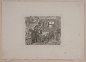 Farmhouse with a Knitting Woman by L.A. Schou