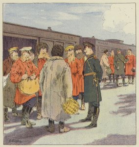 Halt of a train transporting reservists in Manchuria