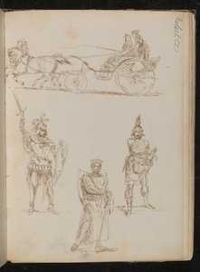 Study of a Horse Drawn Carriage with Three Occupants, Three Studies of Greco-Roman Warriors with Weapons and Shields (pen and ink) by Lady  Butler