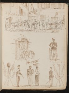 A town scene with soldiers drinking, study of a market stall, study of a Piedmontese national guard, study of four soldiers and crossed flags by Lady Butler