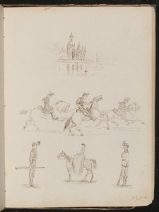 Five studies of a church, soldiers in full dress on horseback, a soldier on guard and a study of woman riding side-saddle by Lady Butler