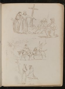 Four Figures Next to Wooden Cross, Study of Two Youths with Sticks on Donkeys, Study of Two Monks, One Kneeling Before Wooden Cross by Lady Butler