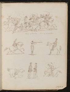 Seven Studies of Cavalry Battles, Soldiers and a Woman Riding by Lady Butler