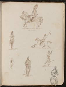 Six Studies of Soldiers, One on Horseback Inscribed "the Blues", Small Study of Horse from the Front by Lady Butler