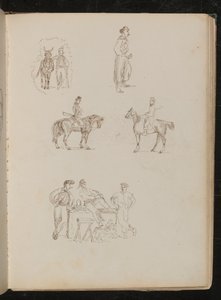 Studies of Male Figures with Horses, Study of Soldier Smoking and with Sword, Study of Three Fruit Sellers with Stall by Lady Butler