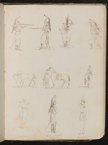 Ten Studies of Soldiers, Horses, Woman Riding Side-Saddle by Lady Butler