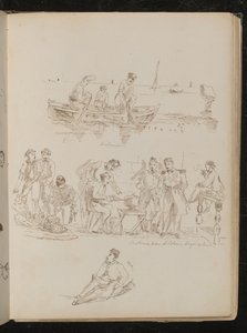 Three figures in a rowing boat inscribed 