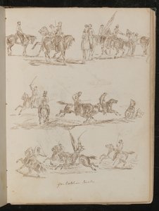 Three Studies of Soldiers on Horseback Inscribed "Garibaldian Cavalry" by Lady Butler
