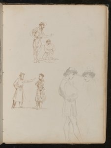 Two pen studies of pairs of soldiers in conversation, one pencil study of two young men in conversation by Lady Butler