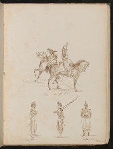 Two Soldiers on Horseback, Studies of Artillery and Infantry Soldiers by Lady Butler