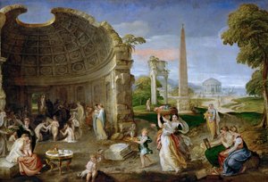 Landscape with antique ruins and bathing women by Lambert Sustris