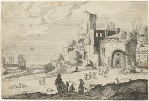 A Group of Women Walking Towards a Building (Landscapes with Ancient Roman Buildings) by Laurens Barata
