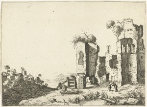 Man leaning on a stick in front of ruins (Landscapes with ancient Roman buildings) by Laurens Barata
