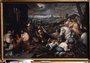 January. Hunters, Women Spinning Wool. Symbol of Aquarius in the Sky by Leandro da Ponte Bassano