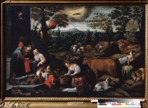 June. Farm work, cherry picking, and wheat gathering. Symbol of the Cancer sign in the sky. by Leandro da Ponte Bassano