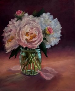 Peonies in Green Jar, 2024 by Lee Campbell