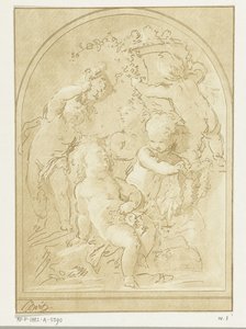 Five Putti with Flowers and Garlands by a Vase by Leendert Brasser