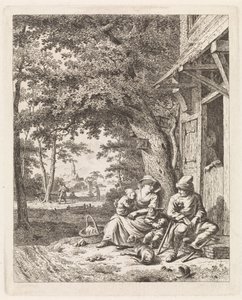 Family with Dog Sitting in Front of a House by Leendert Overbeek