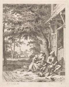 Family with Dog, Sitting in Front of a House (Landscapes with Figures) by Leendert Overbeek