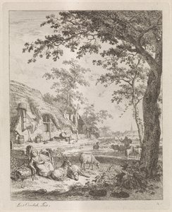 Shepherdess with Sheep in Front of a Farmhouse by Leendert Overbeek