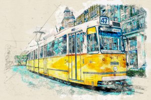 Urban Tram Watercolor by Lembayung senja studio [Vintage Poster]