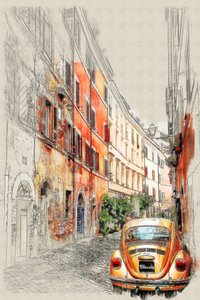 Vintage Car City Sketch