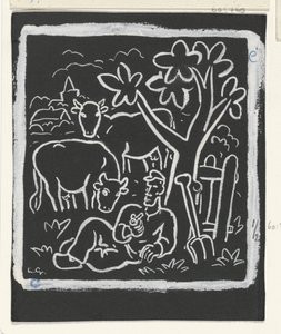 Farmer Resting Under a Tree in a Meadow with Cows by Leo Gestel (signed by artist)