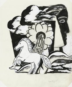 Rearing Horse, Flower and Head (sketch)